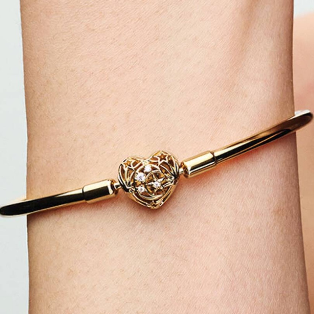 NEW PANDORA Celestial Heart Clasp Bangle Bracelet Plated 14k Gold - Picture 2 of 5